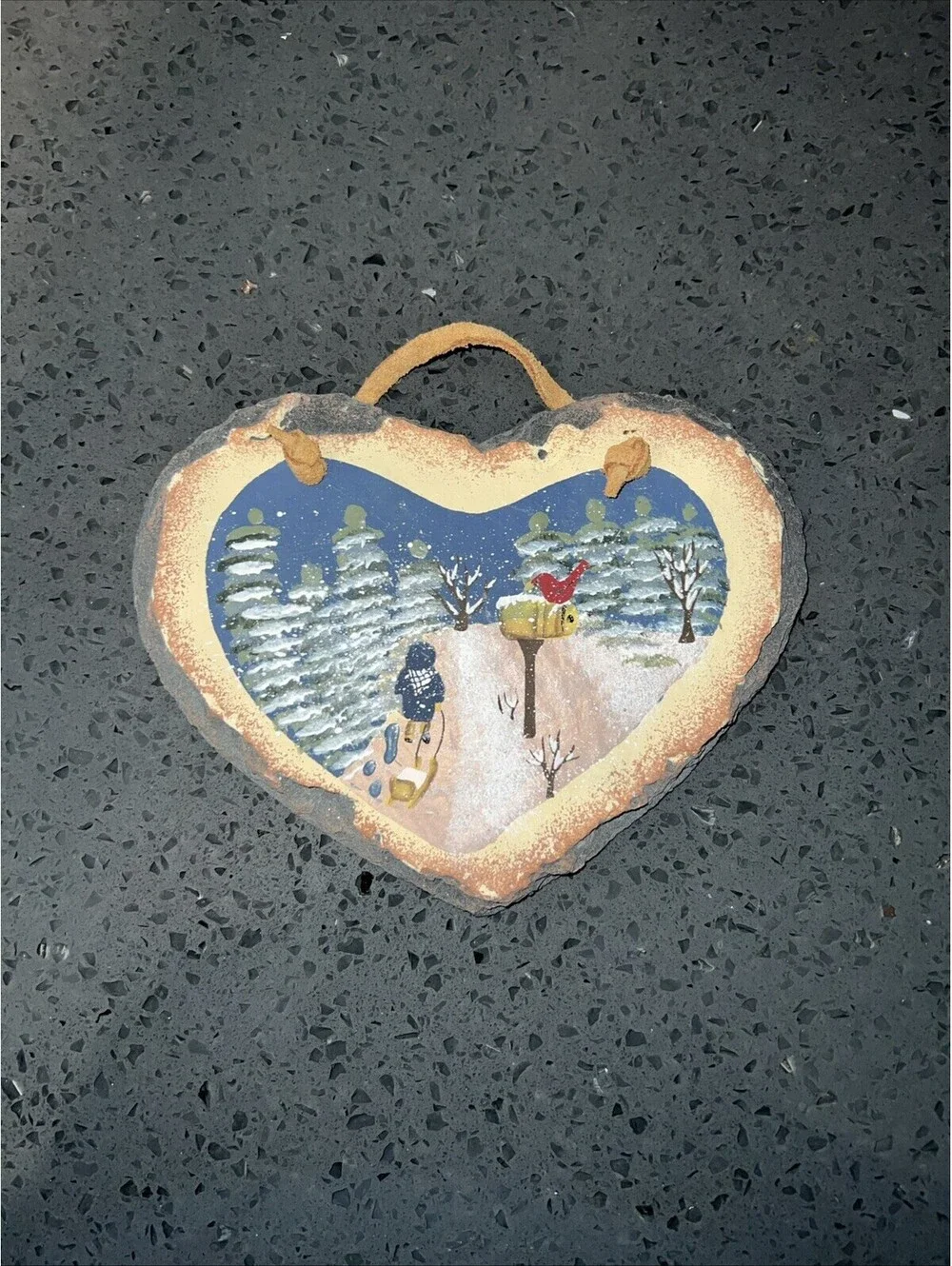 Heart Shaped Slate Wall Hanging Piece Painted W/Winter Scene Boy, Sled, Cardinal